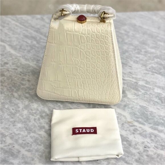 NEW STAUD Kenny Cream Croc Embossed Leather Top Handle Bag - Picture 10 of 11